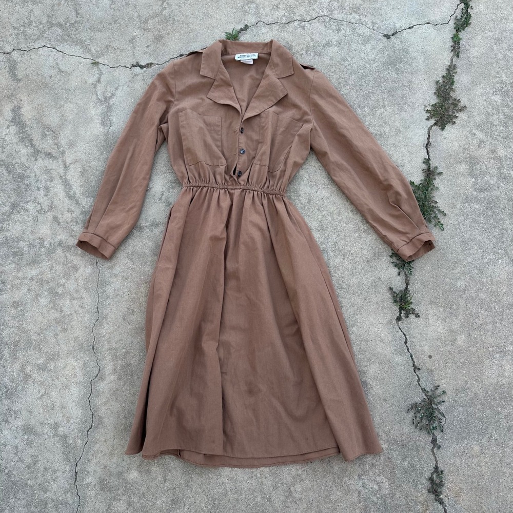 American Shirt‎ Dress Vintage 80s Shirt Dress Collared Pockets Brown Size 10P